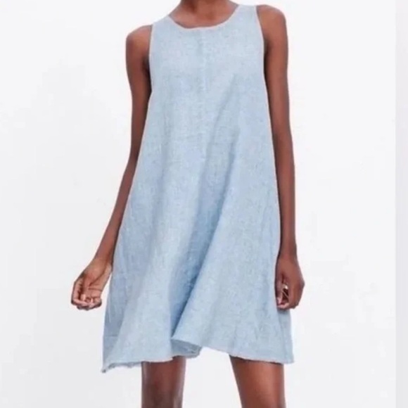 ZARA Vela Linen Chambray Sleeveless Raw Hem Dress with Pockets Size Medium Vacay - Picture 1 of 7
